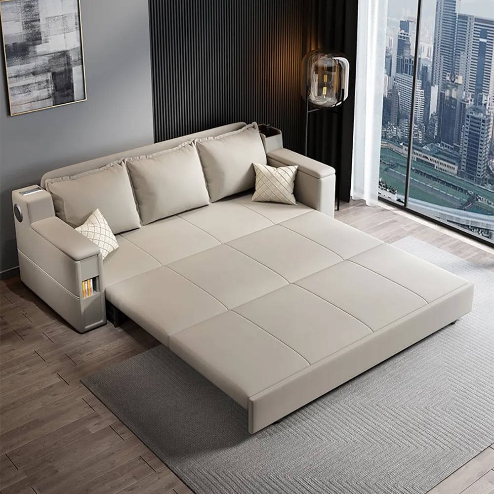 74 Beige Full Sleeper Convertible Sofa with Storage & Pockets Sofa Bed