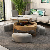 Round Lift-Top Coffee Table with Storage and 3 stool White & Natural
