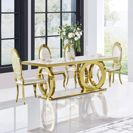 Modern Rectangle White Dining Table Sintered Stone Top Stainless Steel Base in Gold Gold