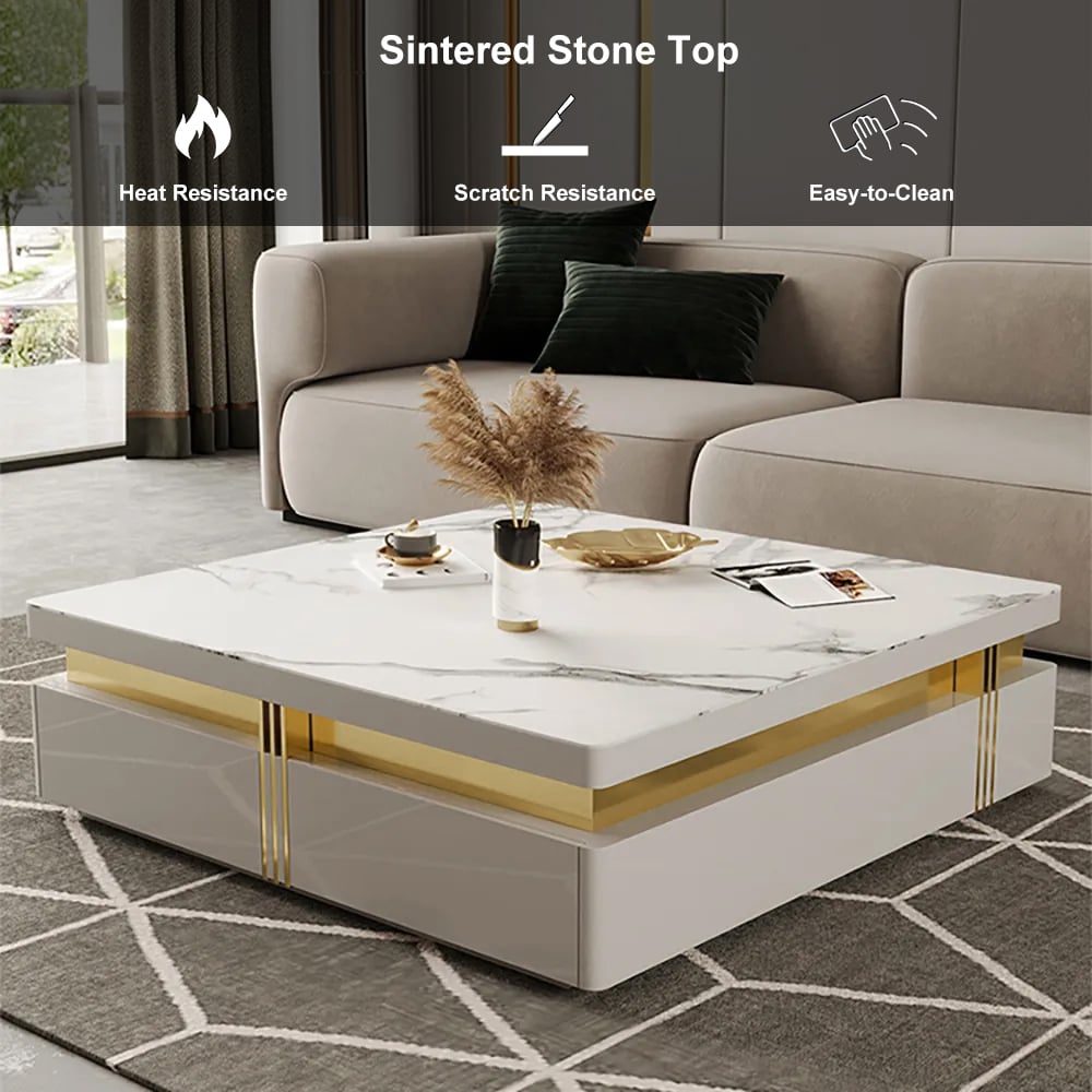 Trimied 27.6" Modern Square Storage Coffee Table Stone Top & 4 Wood Drawers White