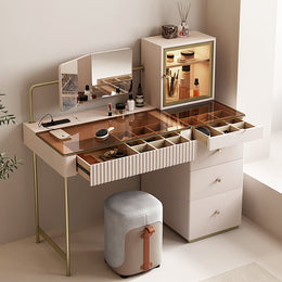 Modern Makeup Vanity Set Mirrored Dressing Table with Jewelry Storage & Cabinet & Stool Champagne