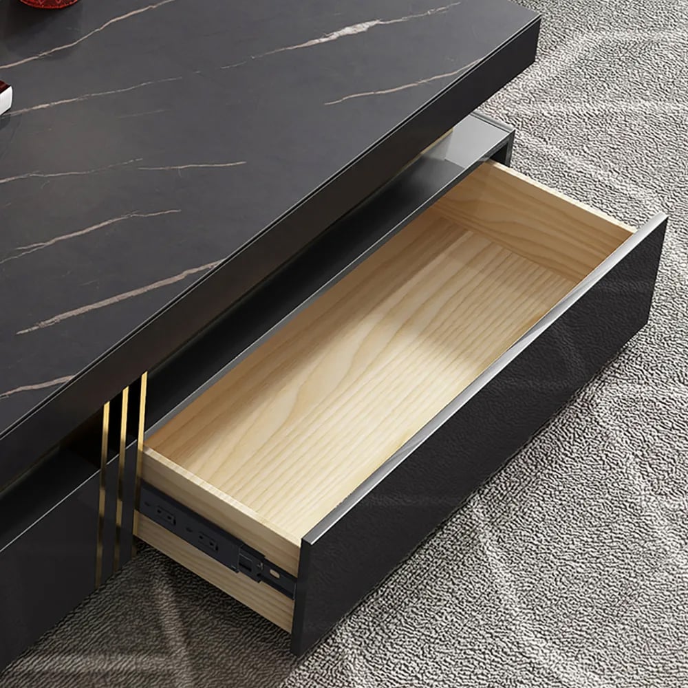 Trimied 27.6" Modern Square Storage Coffee Table Stone Top & 4 Wood Drawers Black