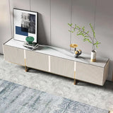Minimalist TV Stand Stone Top Media Console 4 Doors 6 Shelves Off White