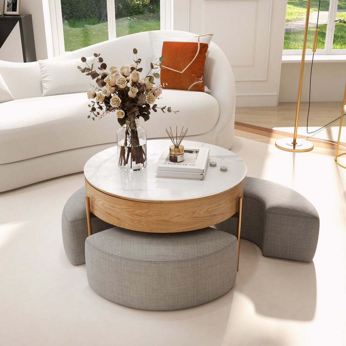 Round Lift-Top Coffee Table with Storage and 3 stool White & Natural