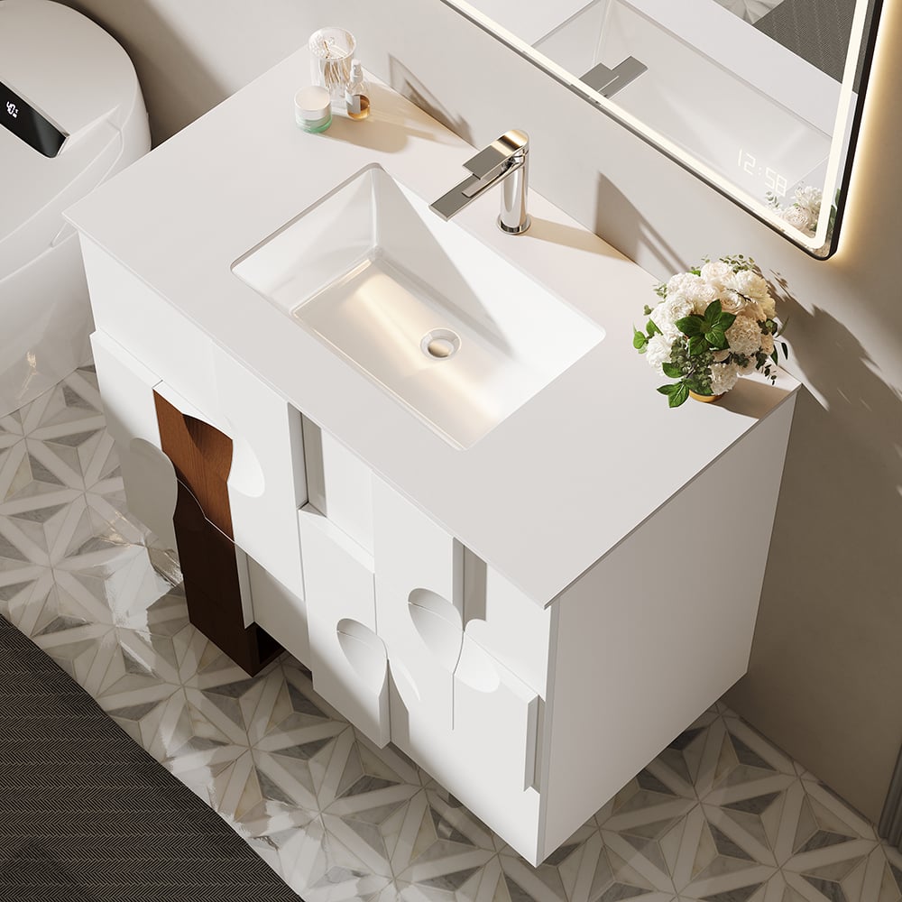 Freestanding Bathroom Vanity with Ceramics Undermount Sink in White & Walnut White