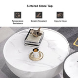 Modern Drum Coffee Table Sintered Stone Round PU-Leather Accent Table in Gold Beige & Gray