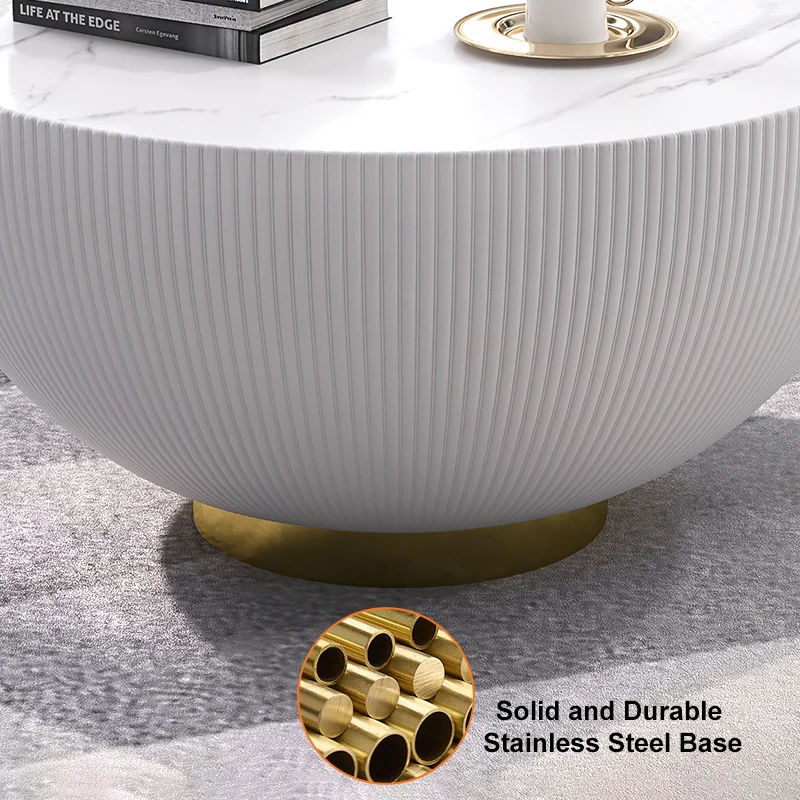 Modern Drum Coffee Table Sintered Stone Round PU-Leather Accent Table in Gold Beige & Gray