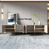 Minimalist TV Stand Stone Top Media Console 4 Doors 6 Shelves Off White