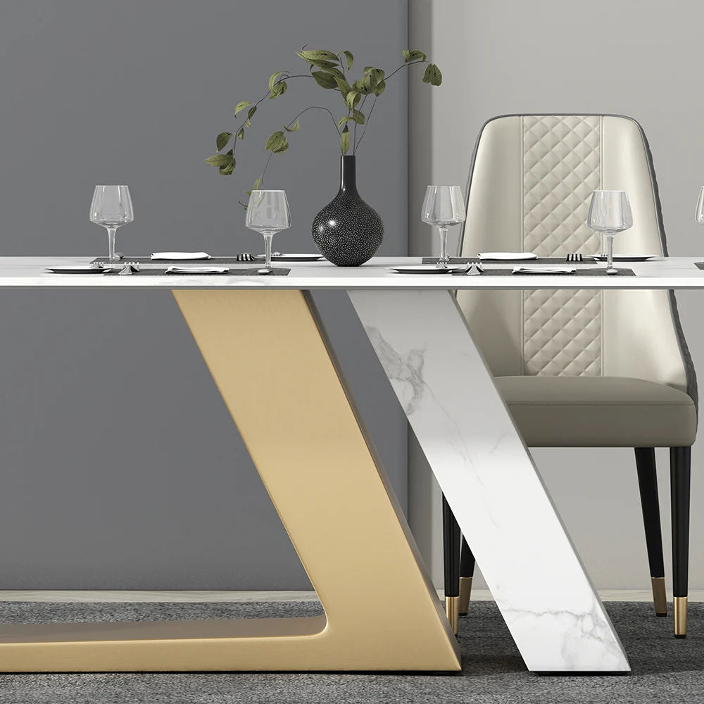Luxury White Dining Table with Sintered Stone Steel Base Golden 70.9"W x 35.4"D x 29.5"H
