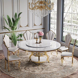 Luxury Round Marble Dining Table With White Lazy Susan White