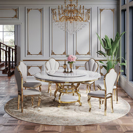 Luxury Round Marble Dining Table With White Lazy Susan White