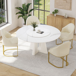 French Cream White Round Dining Table With Lazy Susan White