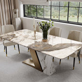 Luxury White Dining Table with Sintered Stone Steel Base Golden Pandora