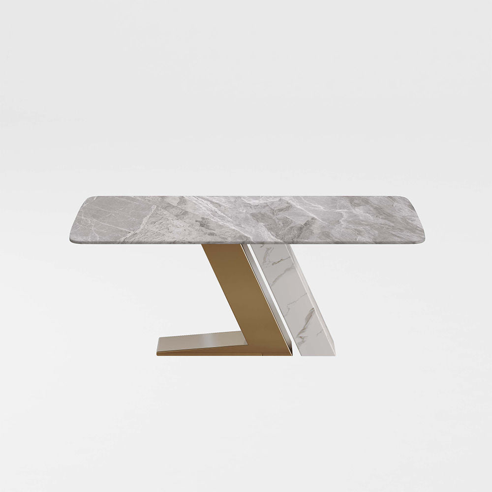 Luxury White Dining Table with Sintered Stone Steel Base Golden Light Gray