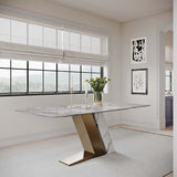 Luxury White Dining Table with Sintered Stone Steel Base Golden Light Gray