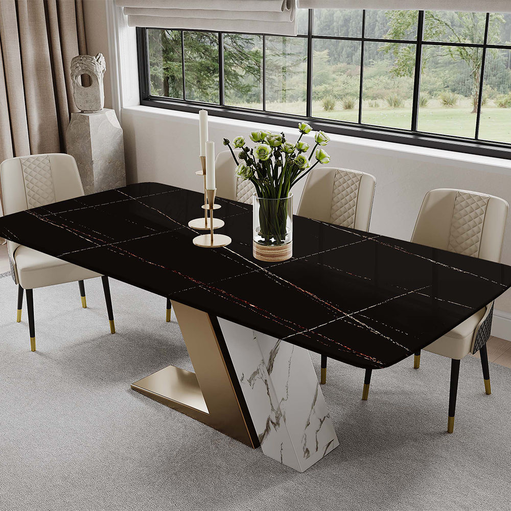 Luxury White Dining Table with Sintered Stone Steel Base Golden Black