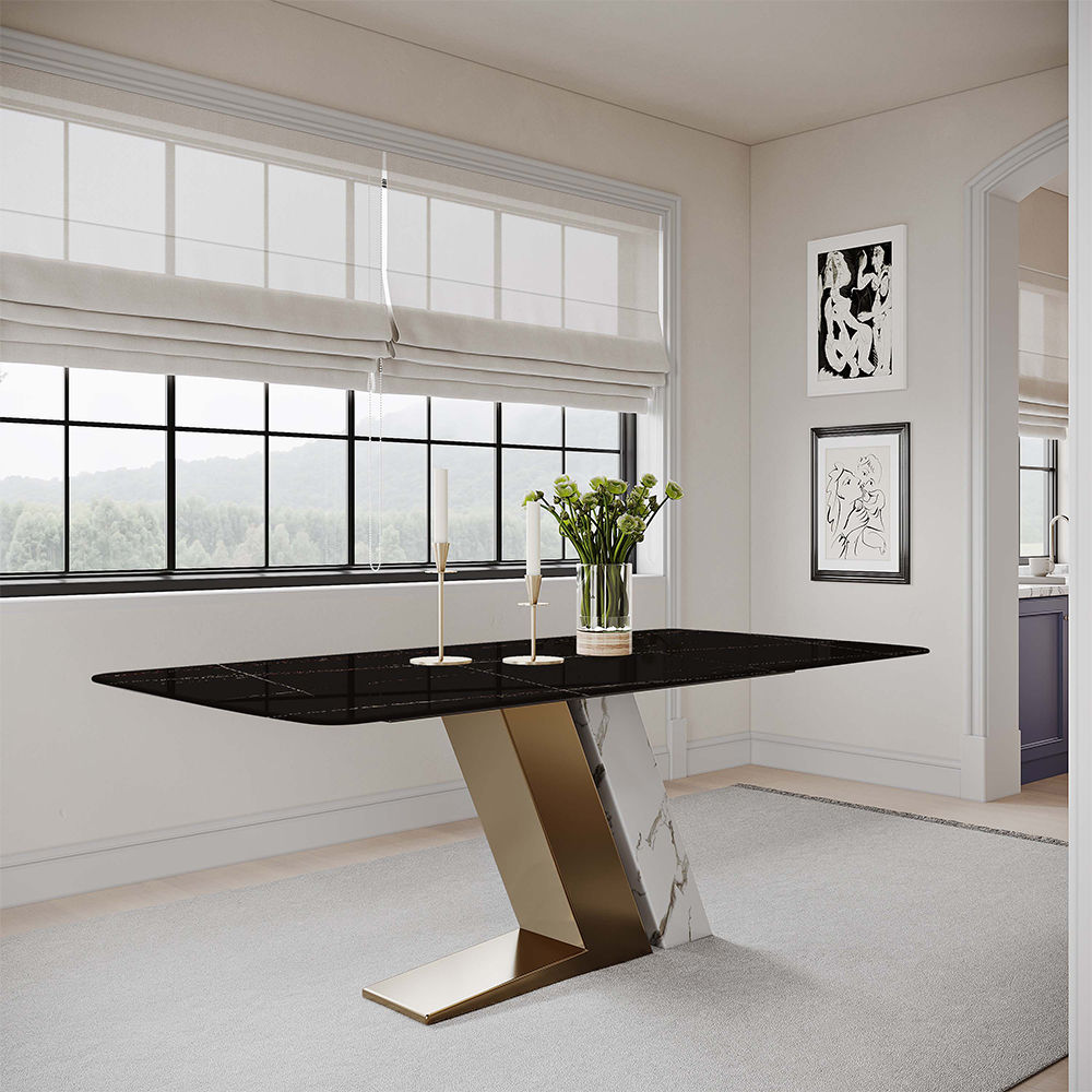 Luxury White Dining Table with Sintered Stone Steel Base Golden Black
