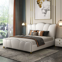Milky White Microfiber Leather Platform Bed with Curved Headboard, Cal King Milky White
