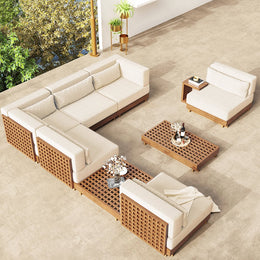 9 Pieces Teak Modular Outdoor Patio Sectional Sofa Set with Coffee Table and Cushion Beige