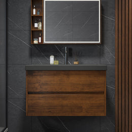Wall Mounted Bathroom Vanity Concrete Single Sink with Charging Station in Walnut Walnut
