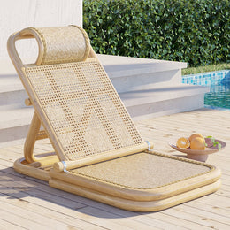 Scandinavian Rattan & Wood Outdoor Long Reclining Chaise Patio Lounge Chair in Natural Natural