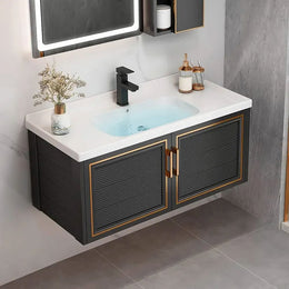 Black Floating Bathroom Vanity Set Drop-In Ceramic Sink with Cabinet Black