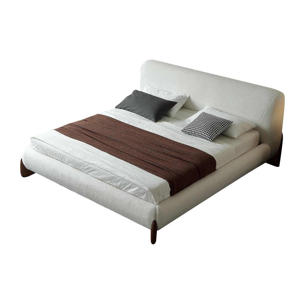 Curva Modern White Boucle Platform Bed King Size Bed Frame with Upholstered Headboard 76"W x 80"L