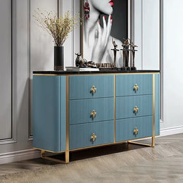 Modern Dresser Faux Marble Top Cabinet with 6 Drawers in Gold Blue