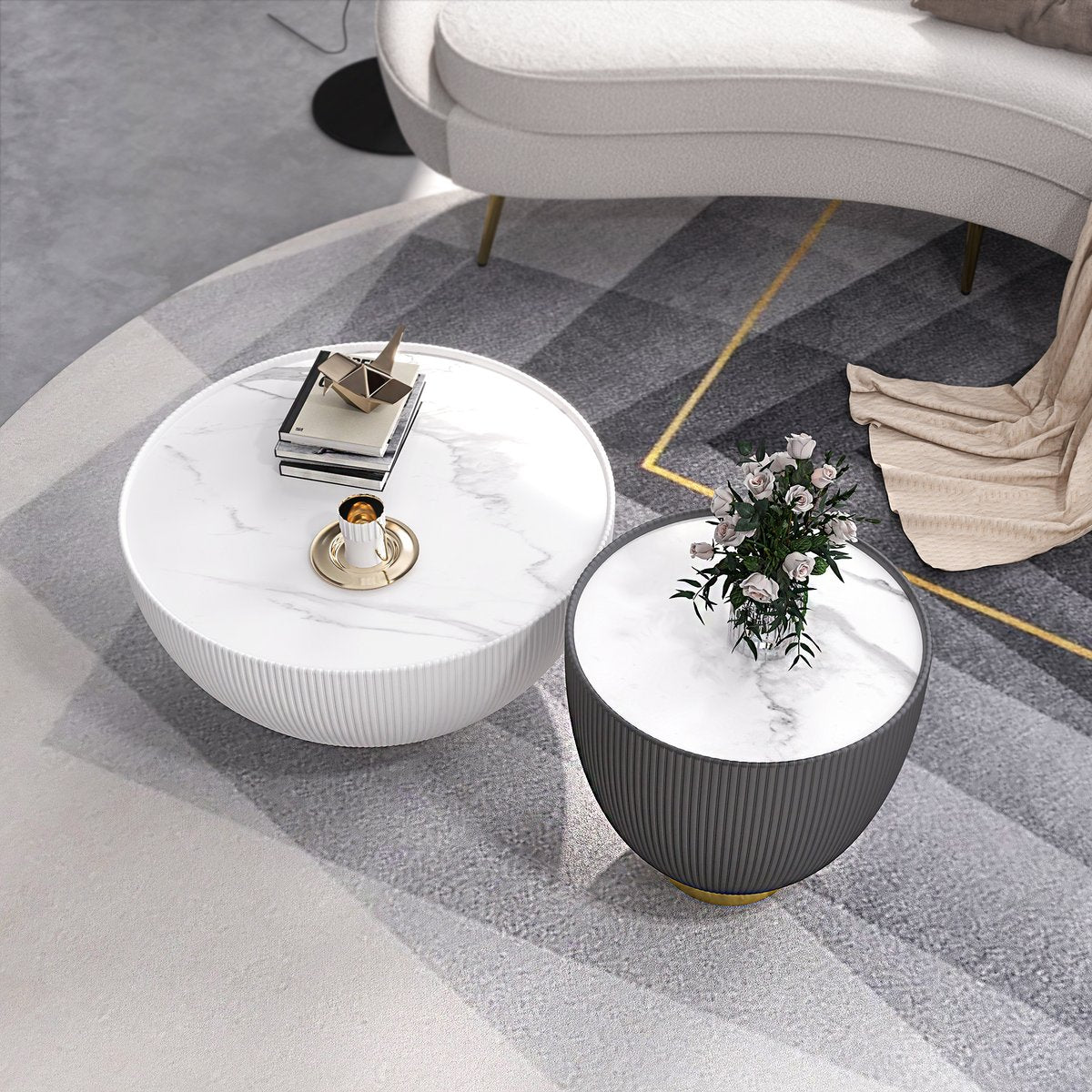 Modern Drum Coffee Table Sintered Stone Round PU-Leather Accent Table in Gold Beige