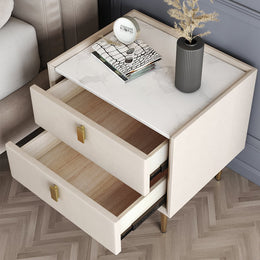 Modern Nightstand with 2 Drawers PU Leather Nightstand with Glod Legs White
