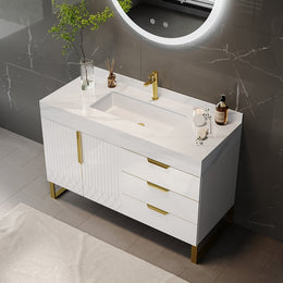 Aro White Freestanding Single Sink Bathroom Vanity Drawers Doors Faux Marble Top 35.4"W x 19.6"D x 31.4"H