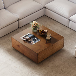 Japandi Square Coffee Table with 4 Drawers Storage & Wooden Pedestal Distressed