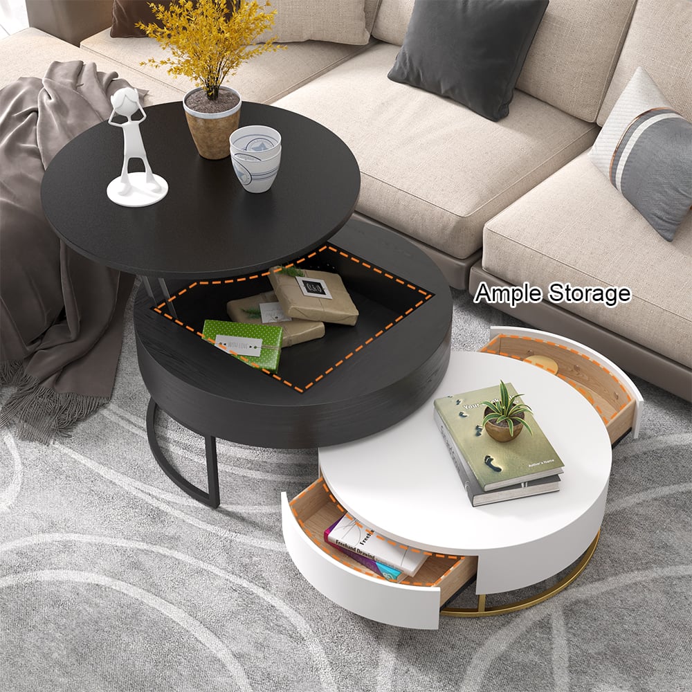 Nesnesis Modern Round Sintered Stone Nesting Wood Coffee Table with Drawers White & Black