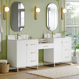 White Freestanding Double Sink Bathroom Vanity Set with Makeup Table Marble Top White