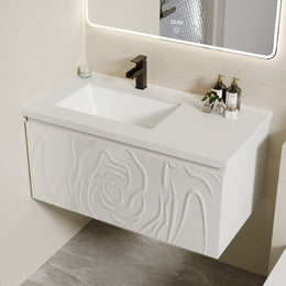 White Wall Mounted Hand Carved Bathroom Vanity with Drawers & Doors White