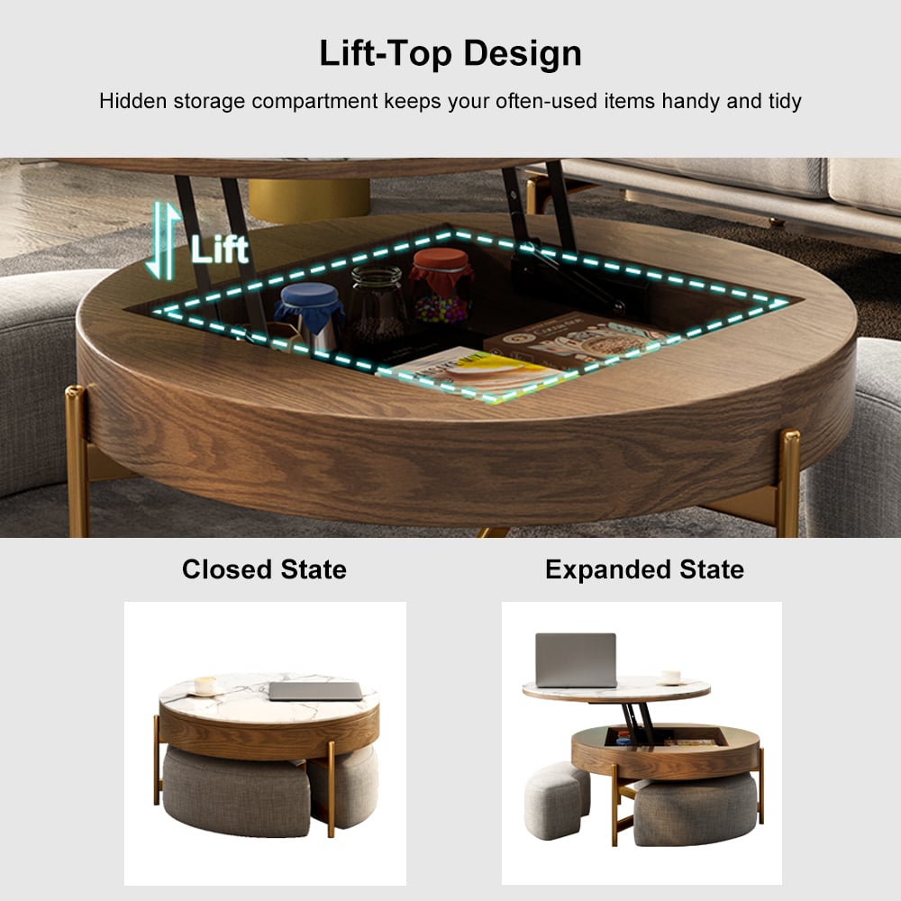 Round Lift-Top Coffee Table with Storage and 3 stool White & Walnut