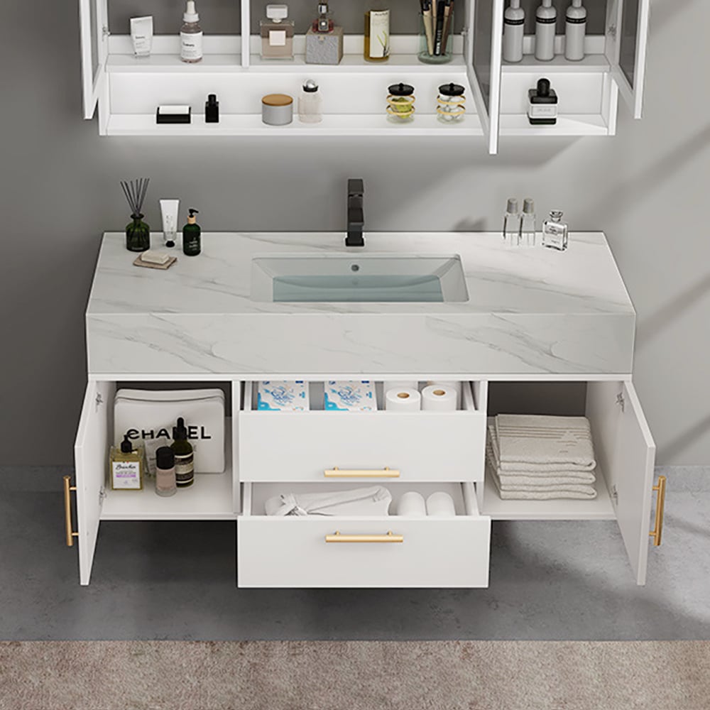 Modern Floating Bathroom Vanity Set Stone Top Wall Mounted Bathroom Cabinet White