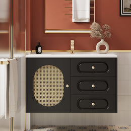 Black Floating Bathroom Vanity Set Undermount Ceramic Sink with Rattan Door Cabinet Black