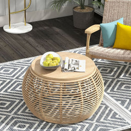 31.5" Boho Natural Round Patio Rattan Coffee Table with Wood-Top Beige