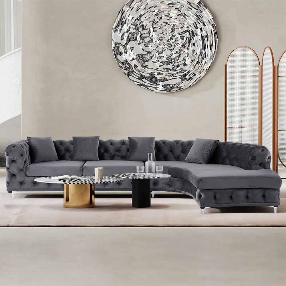 L-Shaped Curved Sectional Sofa Upholstered Velvet Chesterfield Sofa Gray