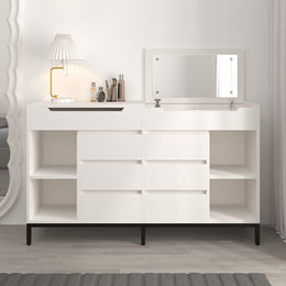8 Drawer Modern White Double Dresser Wide Cabinet with Flip-Top Mirror & Shelves White