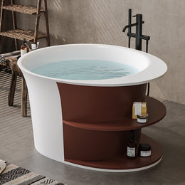 Freestanding Japanese Soaking Bathtub with Storage Shelving Stone Resin Matte White & Reddish Brown