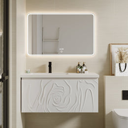 White Wall Mounted Hand Carved Bathroom Vanity with Drawers & Doors White