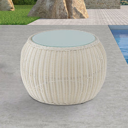 24.4" Plastic Rattan Glass-Top Off White Coffee Table Side Table Off White