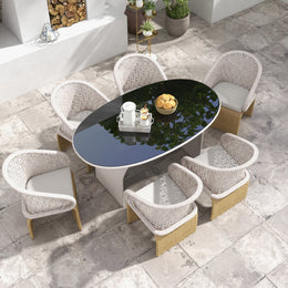 7 Pieces Traditional Aluminum Outdoor Dining Set with Oval Glass Table Rattan Armchair Khaki;White