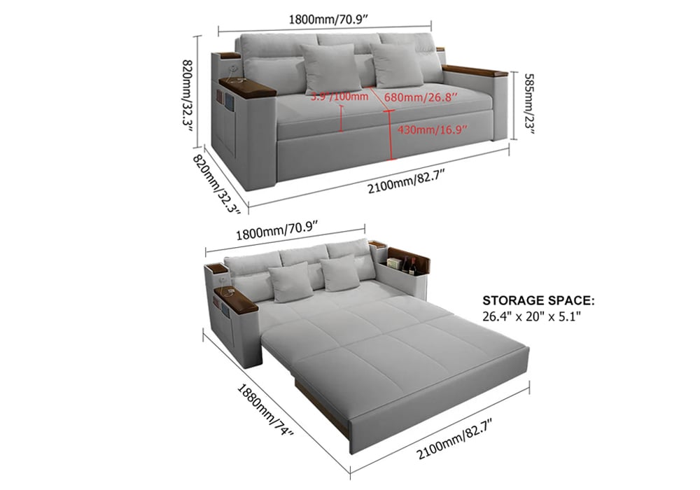 Full Sleeper Sofa Linen Convertible Bed With Storage Side Pocke Comfainno