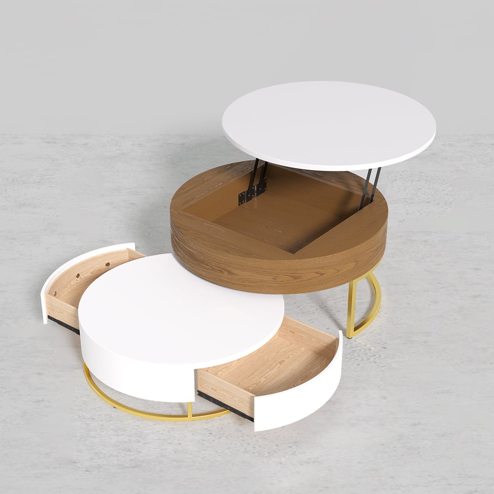 Nesnesis Modern Round Sintered Stone Nesting Wood Coffee Table with Drawers White & Walnut