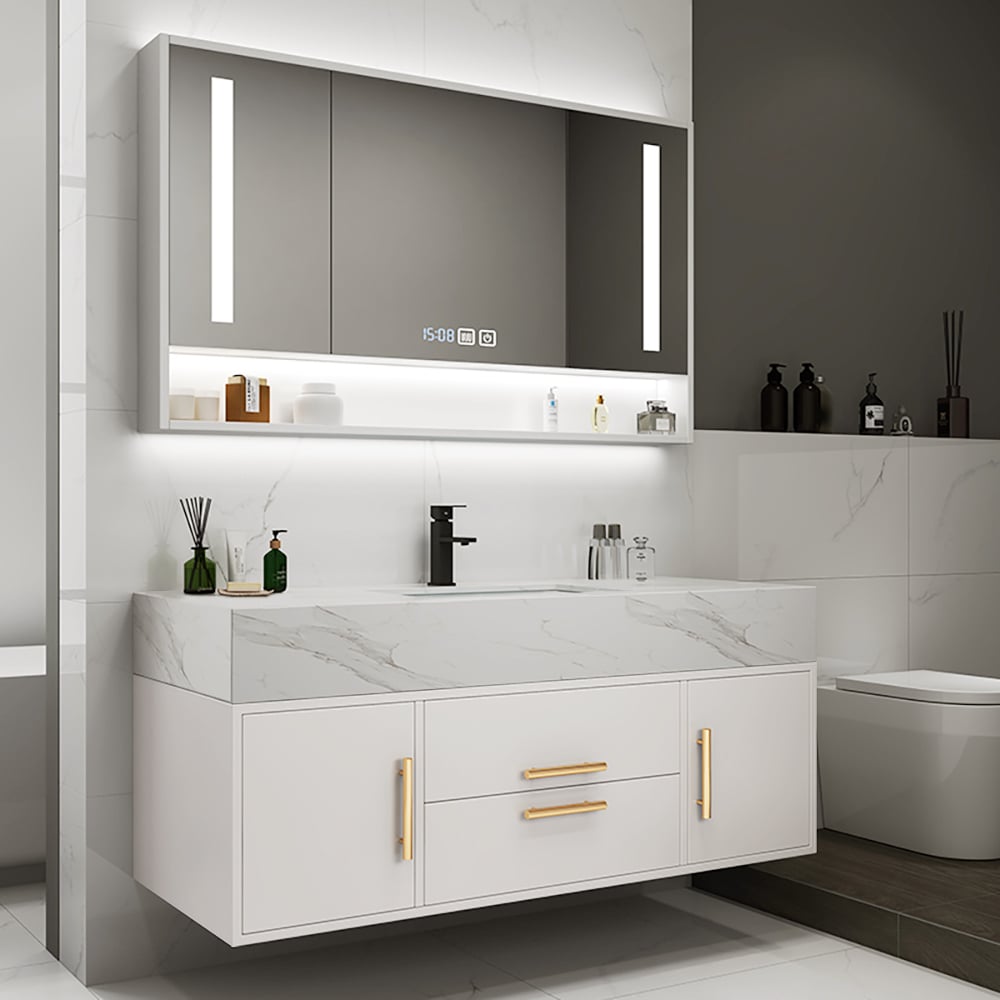 Modern Floating Bathroom Vanity Set Stone Top Wall Mounted Bathroom Cabinet White