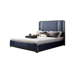 Platform Bed Faux Leather Bed with Wood Slats Support Blue