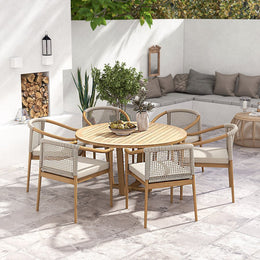 7 Pieces Teak Outdoor Dining Set Wood Round Dining Table with 6 Chairs in Natural Round